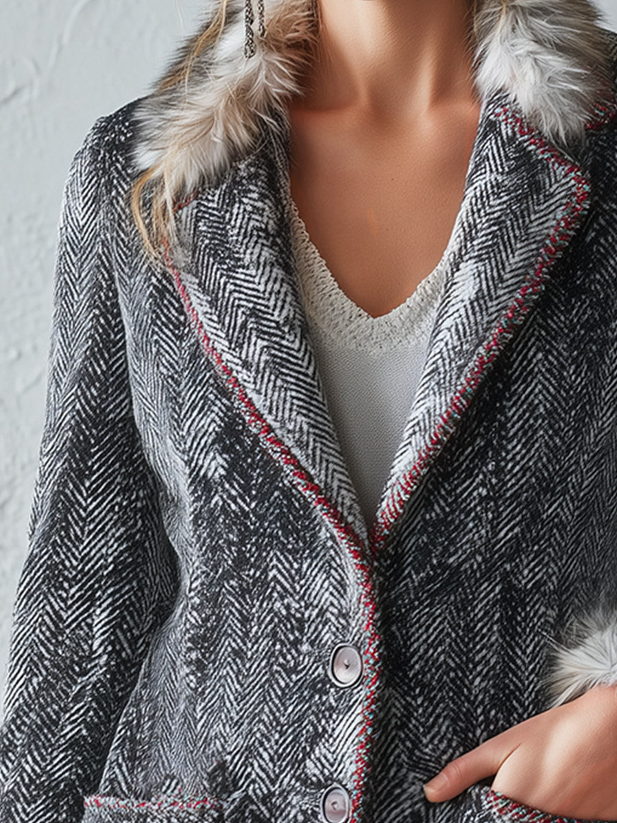 Classic Faux-Raw-Edge Grey Herringbone Wool-Blend Blazer