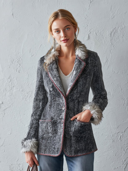 Classic Faux-Raw-Edge Grey Herringbone Wool-Blend Blazer