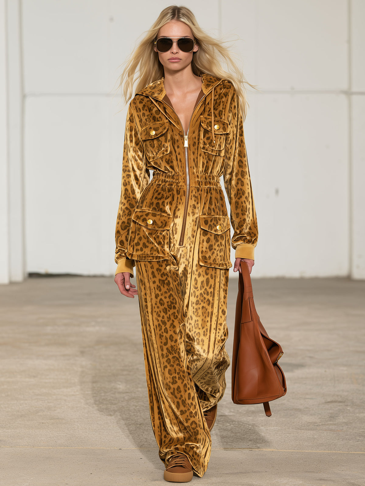 Casual Retro Zip-up Striped Leopard Print Gold Velvet Hooded Jumpsuit