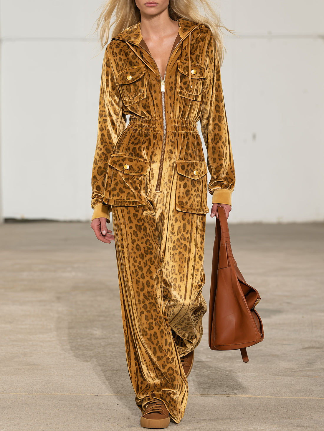 Casual Retro Zip-up Striped Leopard Print Gold Velvet Hooded Jumpsuit