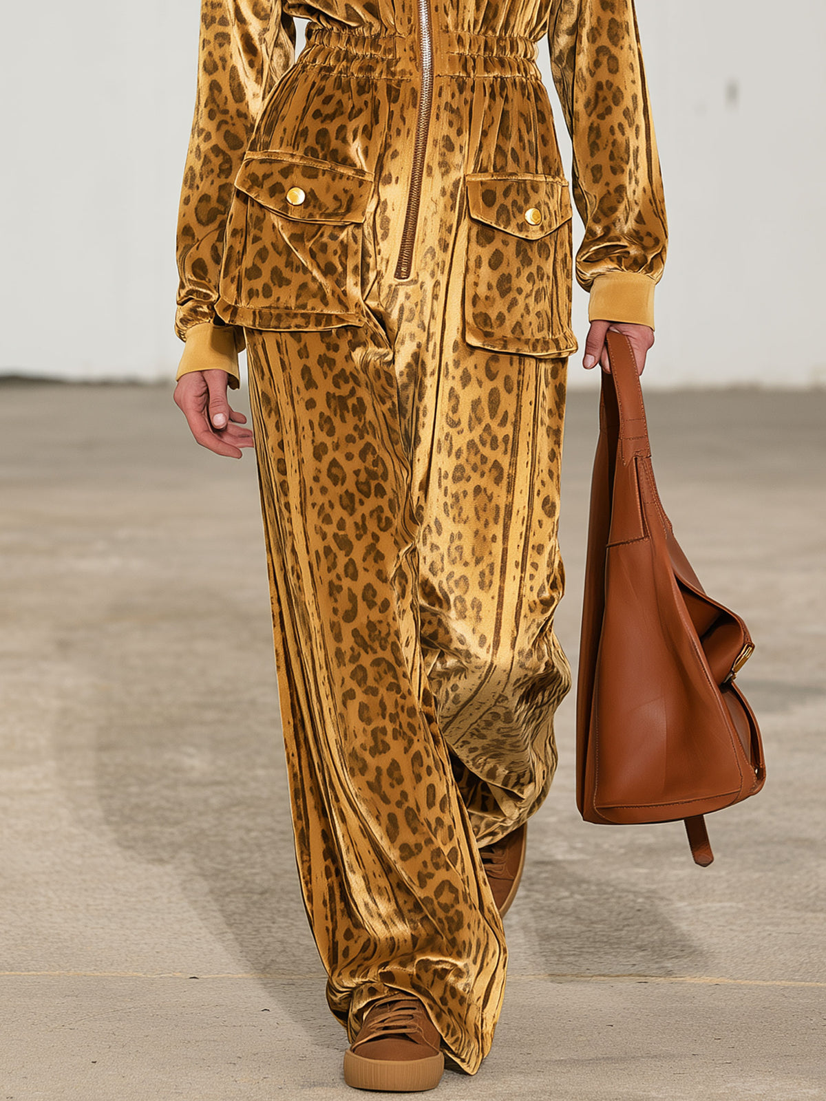 Casual Retro Zip-up Striped Leopard Print Gold Velvet Hooded Jumpsuit
