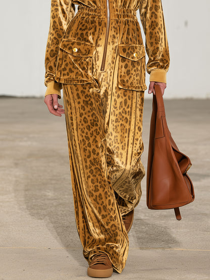Casual Retro Zip-up Striped Leopard Print Gold Velvet Hooded Jumpsuit