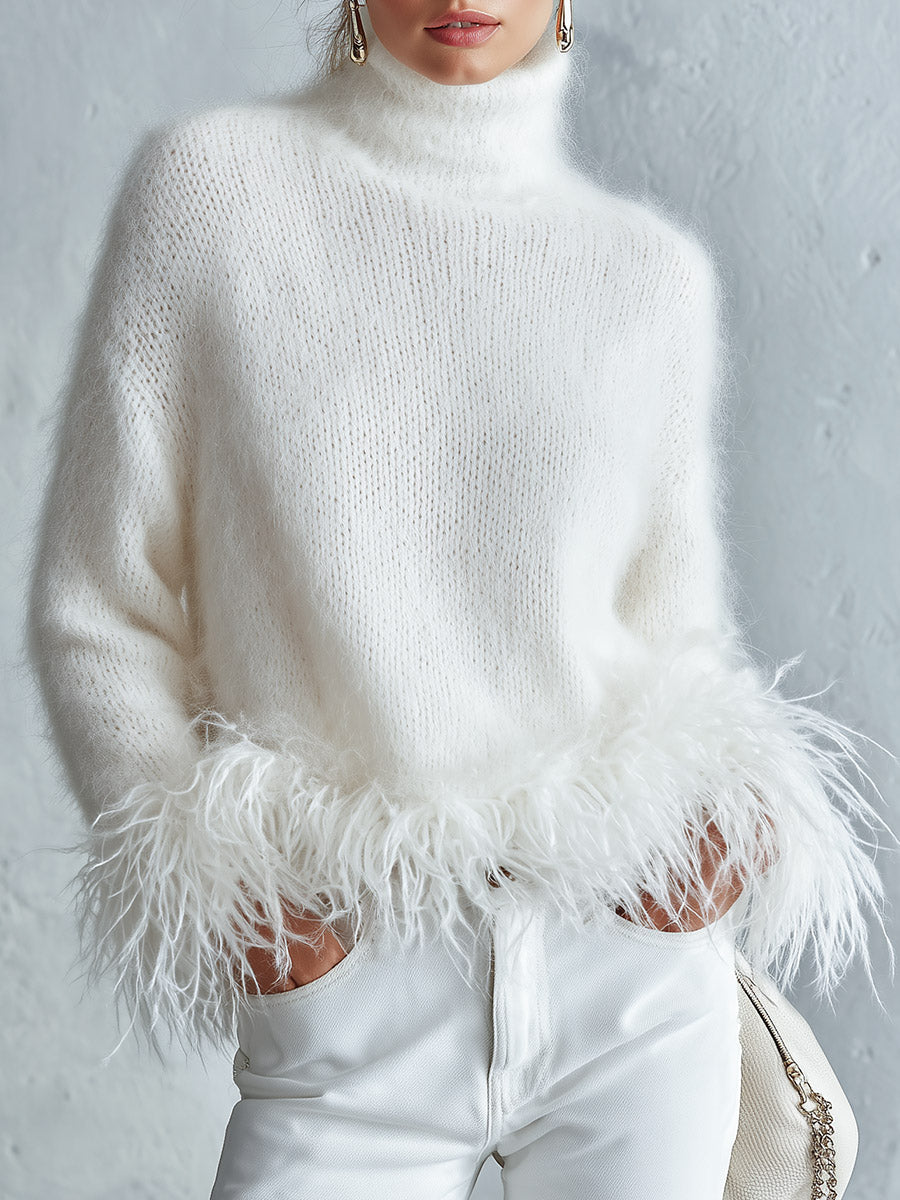 Classic Down-Proof Hem White Mohair Turtleneck Sweater