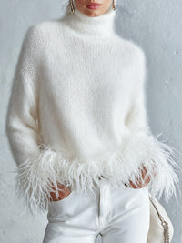 Classic Down-Proof Hem White Mohair Turtleneck Sweater