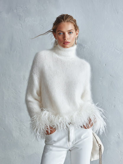 Classic Down-Proof Hem White Mohair Turtleneck Sweater