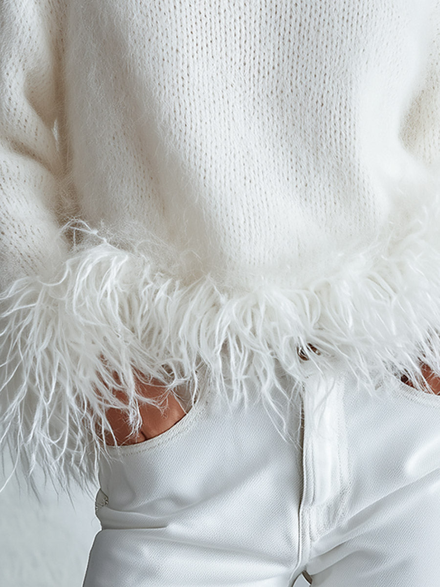 Classic Down-Proof Hem White Mohair Turtleneck Sweater