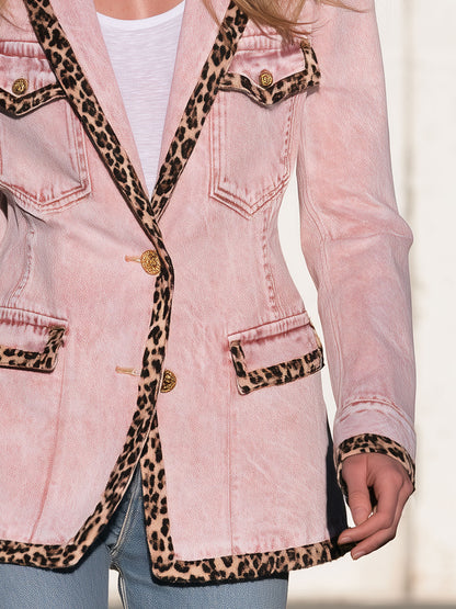 Casual Retro Leopard Print Faded Pink Denim Workwear Blazer