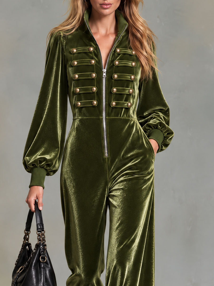 Retro Elegant Olive Green Velvet Military Gold-Button Stand-Collar Zip-Up Wide-Leg Jumpsuit