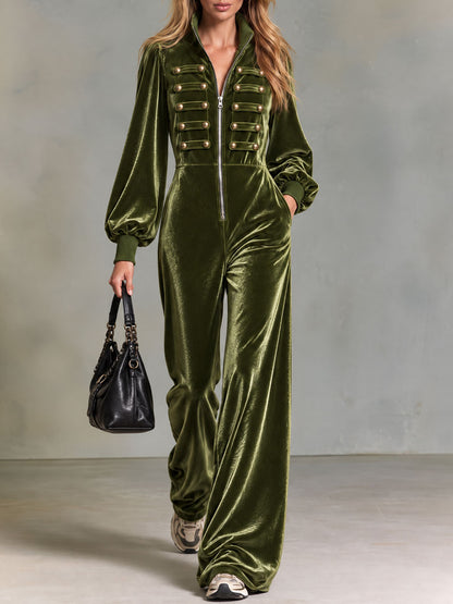 Retro Elegant Olive Green Velvet Military Gold-Button Stand-Collar Zip-Up Wide-Leg Jumpsuit