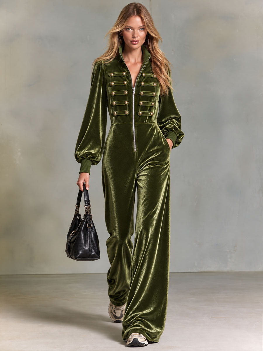 Retro Elegant Olive Green Velvet Military Gold-Button Stand-Collar Zip-Up Wide-Leg Jumpsuit