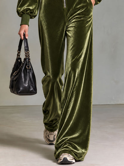 Retro Elegant Olive Green Velvet Military Gold-Button Stand-Collar Zip-Up Wide-Leg Jumpsuit