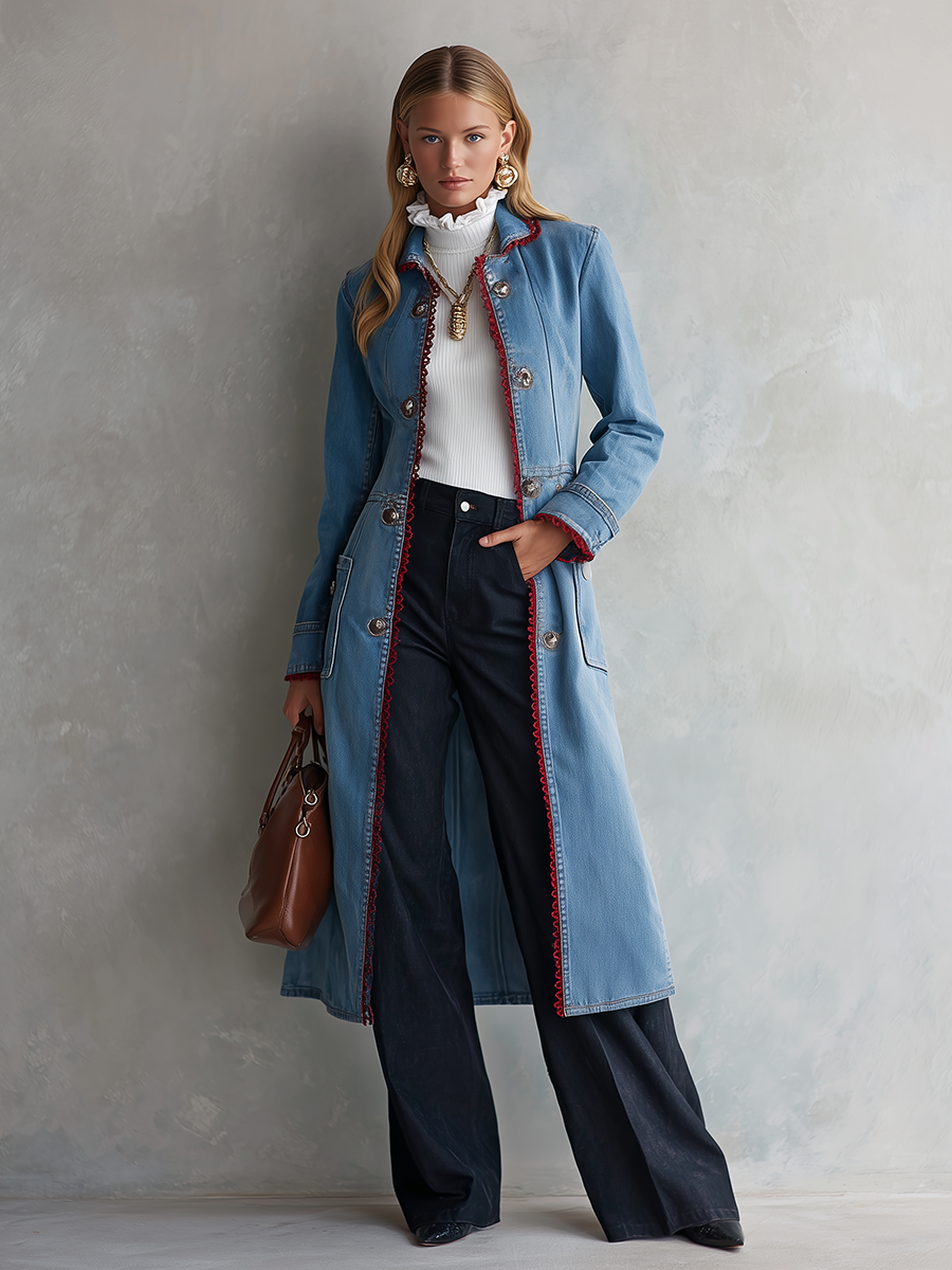 Long Denim Duster Coat With Red Lace Trim