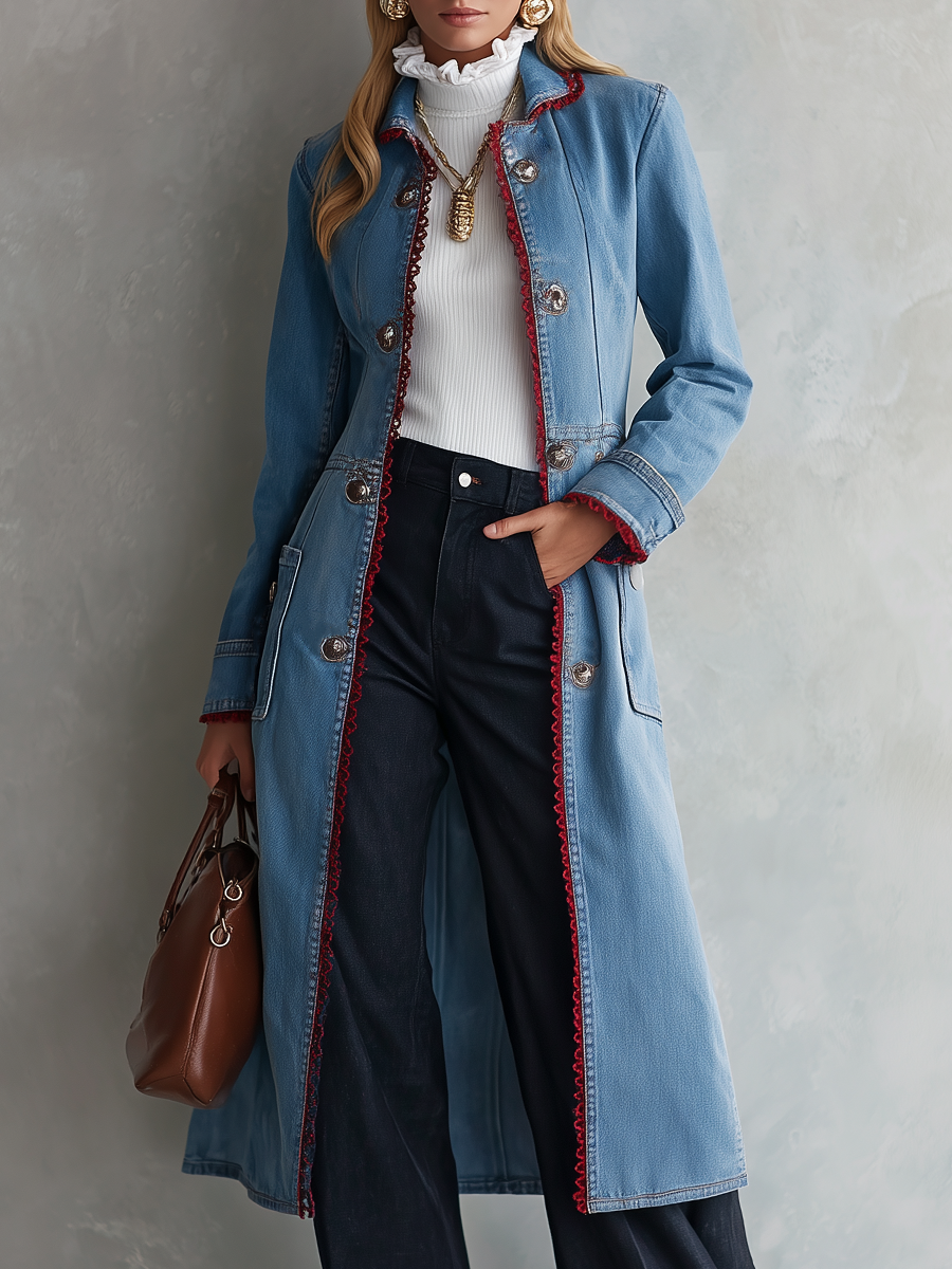 Long Denim Duster Coat With Red Lace Trim