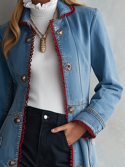 Long Denim Duster Coat With Red Lace Trim