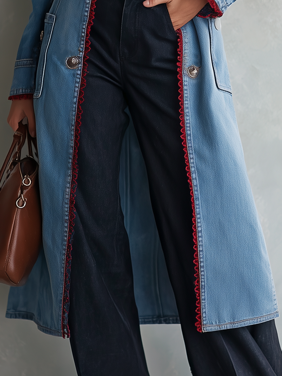 Long Denim Duster Coat With Red Lace Trim