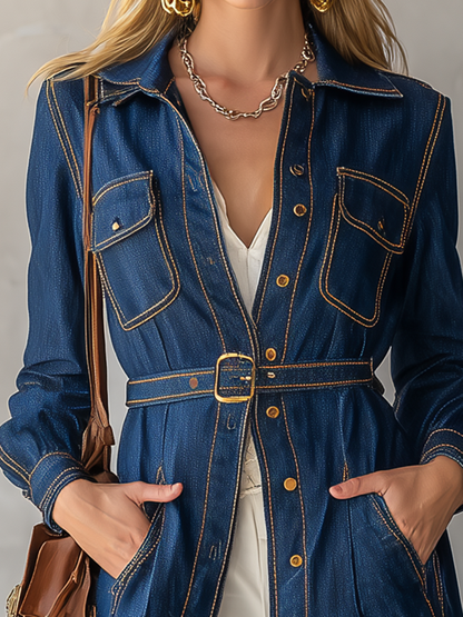 Belted Indigo Denim Duster Coat With Contrast Stitching
