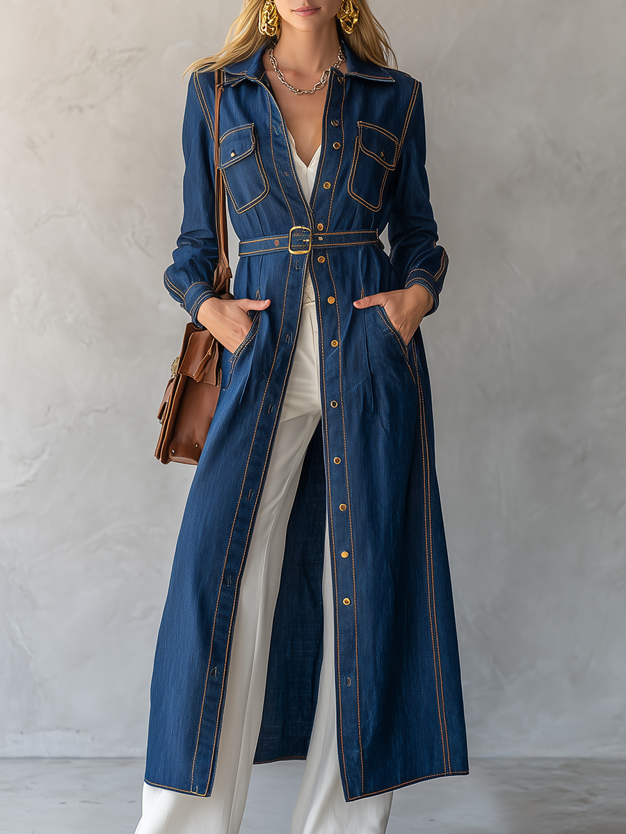 Belted Indigo Denim Duster Coat With Contrast Stitching