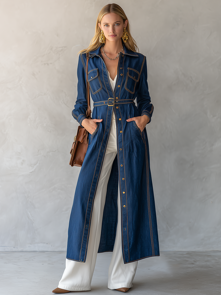 Belted Indigo Denim Duster Coat With Contrast Stitching