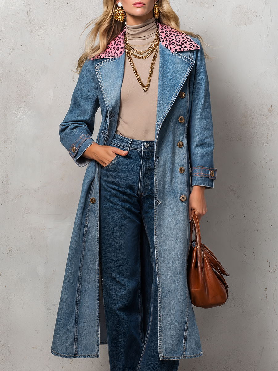 Denim Trench Coat With Pink Leopard Collar