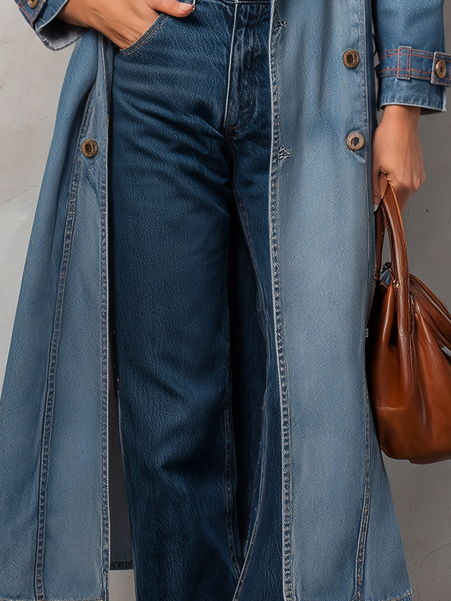 Denim Trench Coat With Pink Leopard Collar