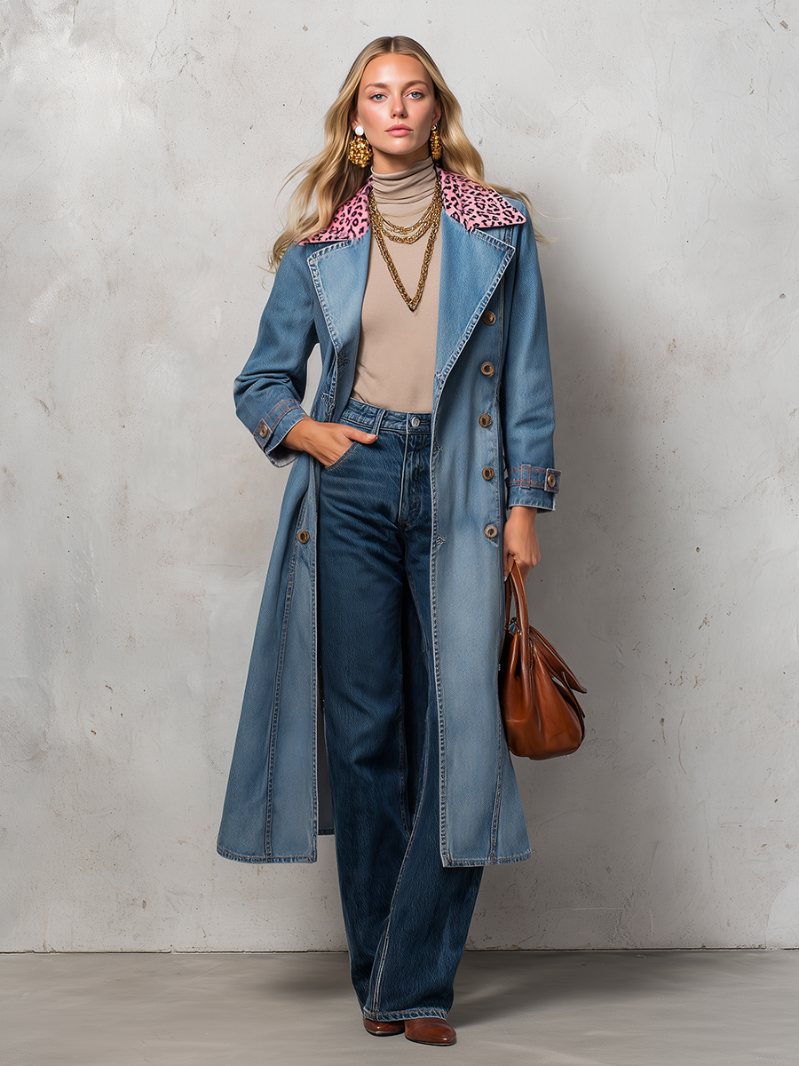 Denim Trench Coat With Pink Leopard Collar