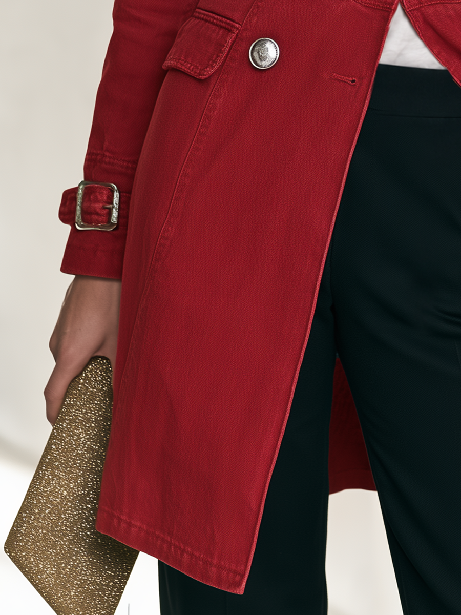 Red Double-Breasted Denim Trench Coat For Women