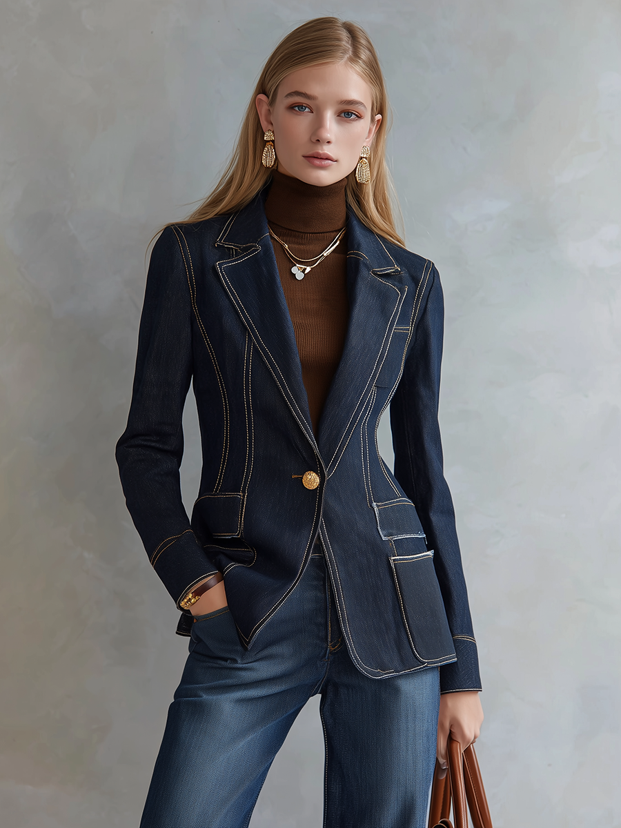 Dark Indigo Contrast Stitch Denim Blazer