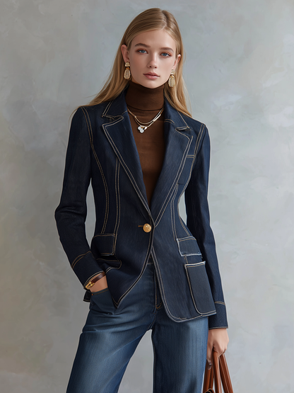 Dark Indigo Contrast Stitch Denim Blazer