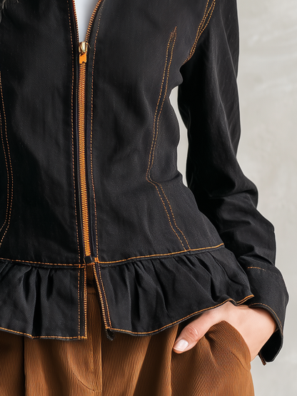 Black Zip Front Peplum Jacket With Contrast Stitching