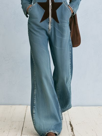Hooded Wide Leg Denim Jumpsuit With Star Patch