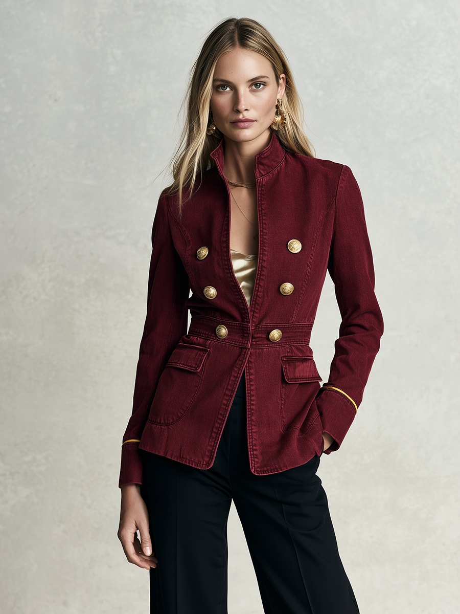 Burgundy Gold Button Military Jacket For Women