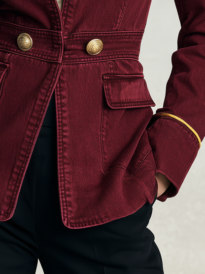 Burgundy Gold Button Military Jacket For Women