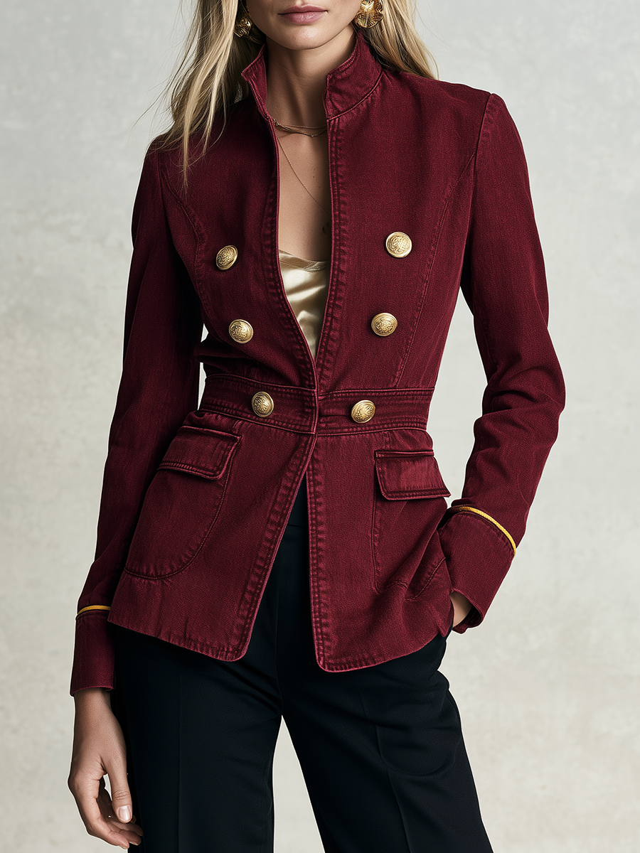 Burgundy Gold Button Military Jacket For Women