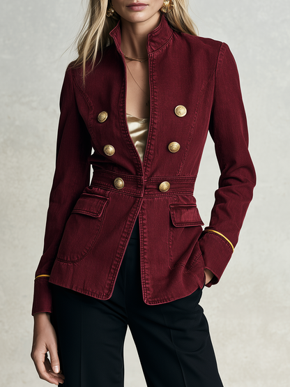 Burgundy Gold Button Military Jacket For Women