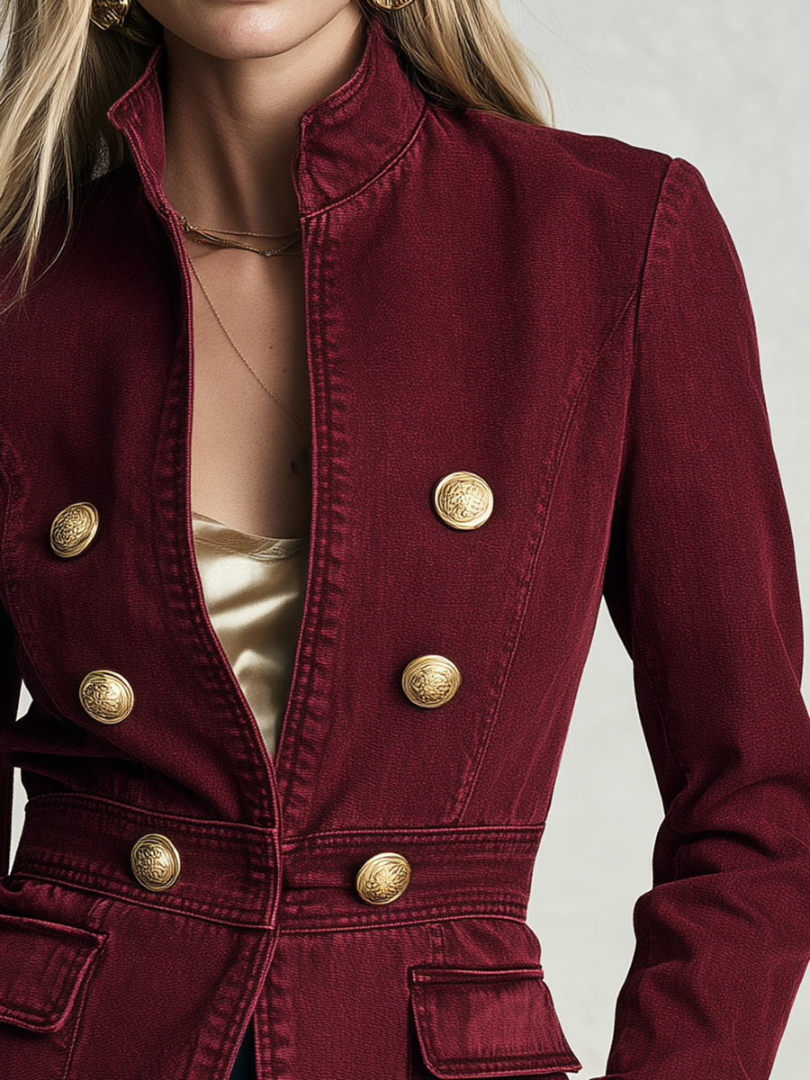 Burgundy Gold Button Military Jacket For Women
