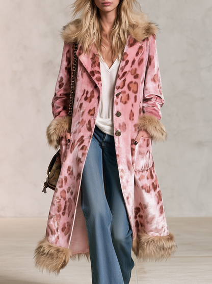 Retro Elegant Pink Leopard Velvet Faux Fur Trim Longline Coat
