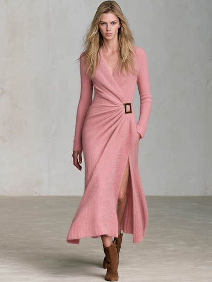 Retro Elegant Dusty Pink Mohair Wrap Gold Buckle Side Slit Midi Dress