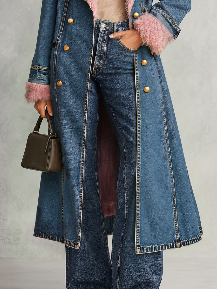 Long Denim Coat With Pink Faux Fur Trim