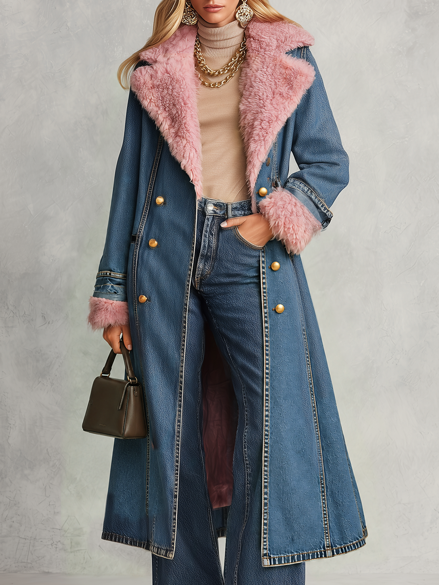 Long Denim Coat With Pink Faux Fur Trim