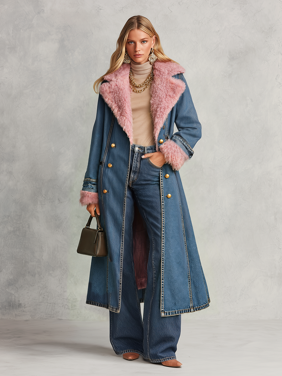 Long Denim Coat With Pink Faux Fur Trim