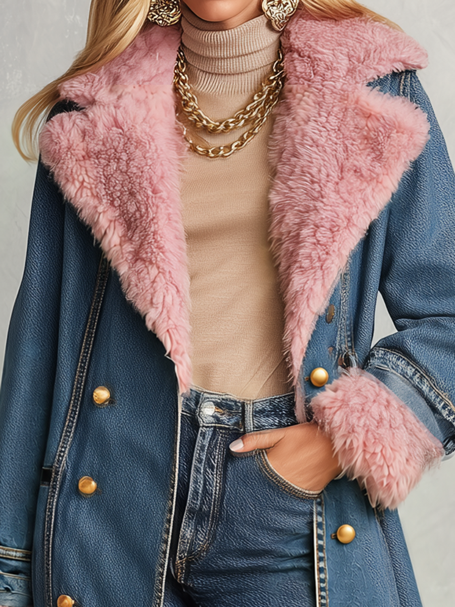 Long Denim Coat With Pink Faux Fur Trim