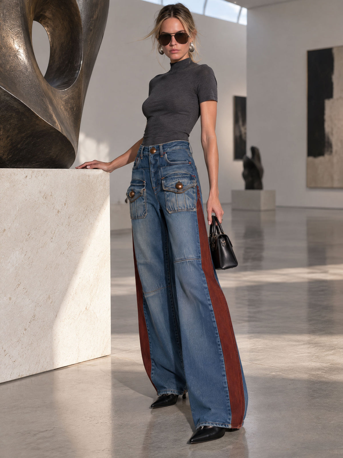 Casual Retro Faded Red And Blue Workwear Jeans