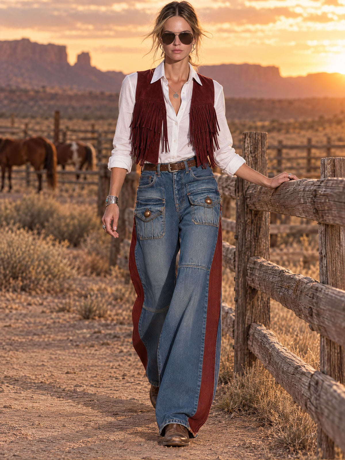 Casual Retro Faded Red And Blue Workwear Jeans