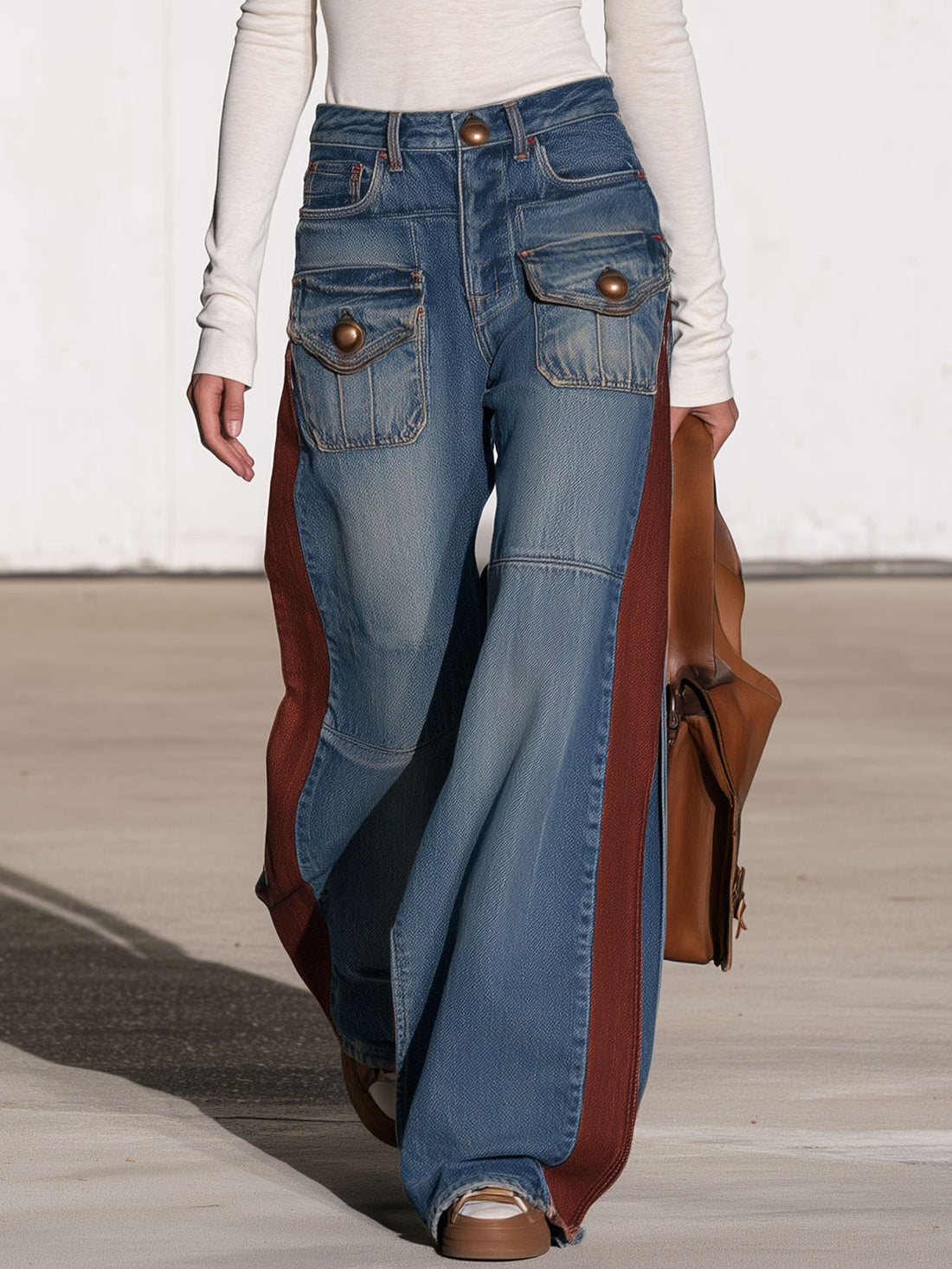 Casual Retro Faded Red And Blue Workwear Jeans