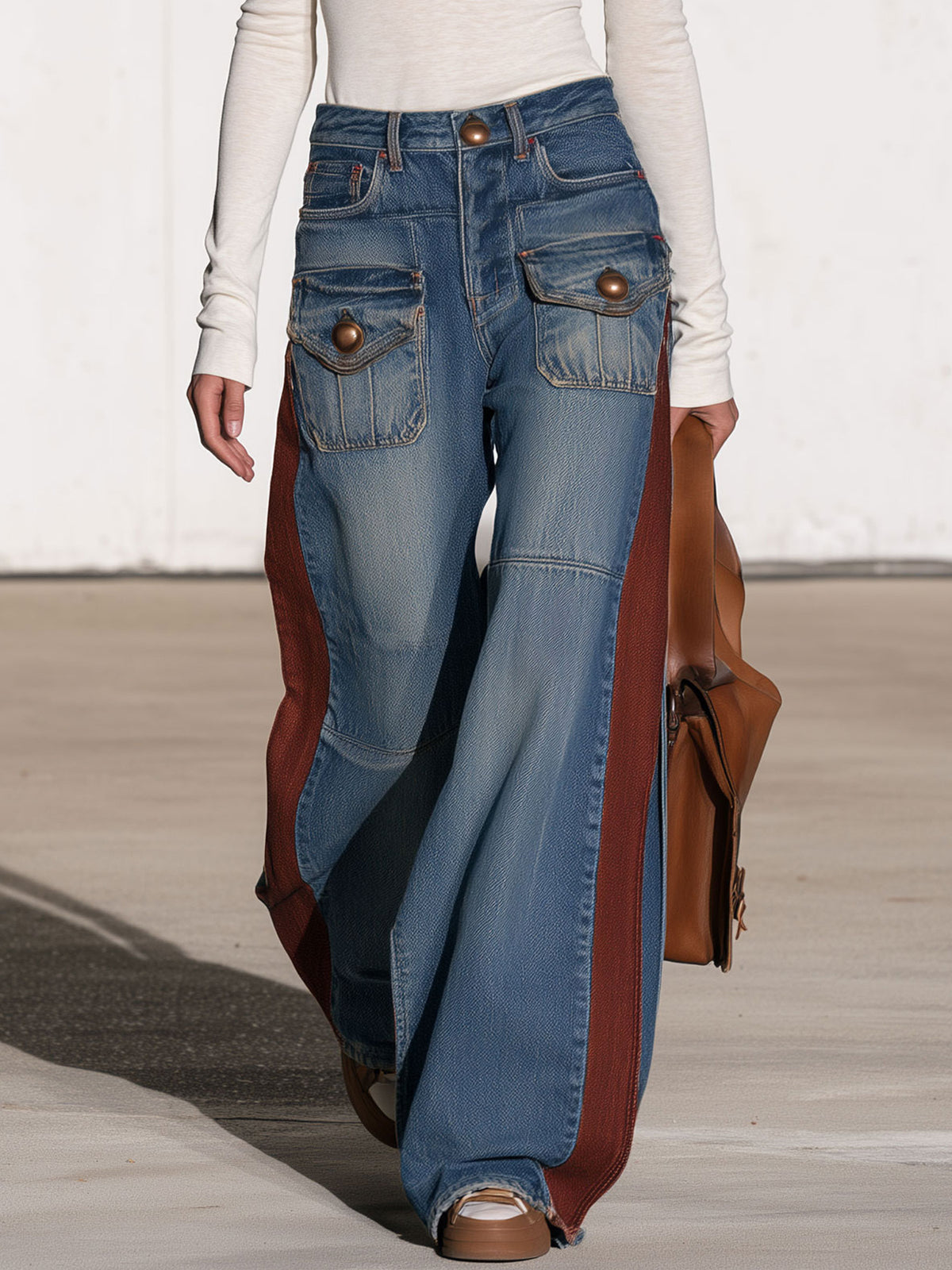 Casual Retro Faded Red And Blue Workwear Jeans