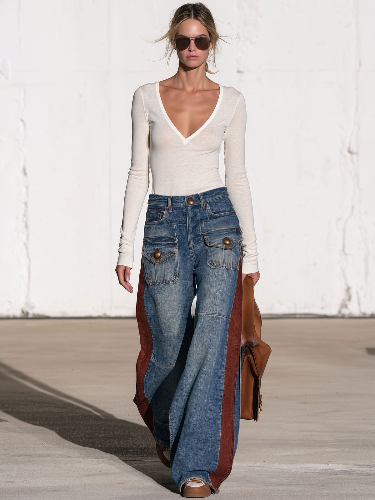 Casual Retro Faded Red And Blue Workwear Jeans
