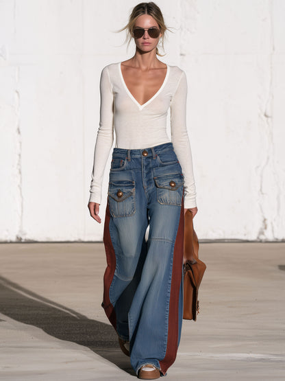 Casual Retro Faded Red And Blue Workwear Jeans