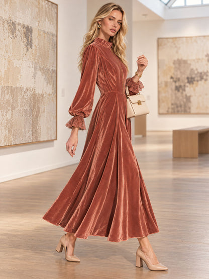 Vintage-style Elegant Rust Pink Ruffled Stand Collar Zipper Lace Cuffs Velvet Midi Dress