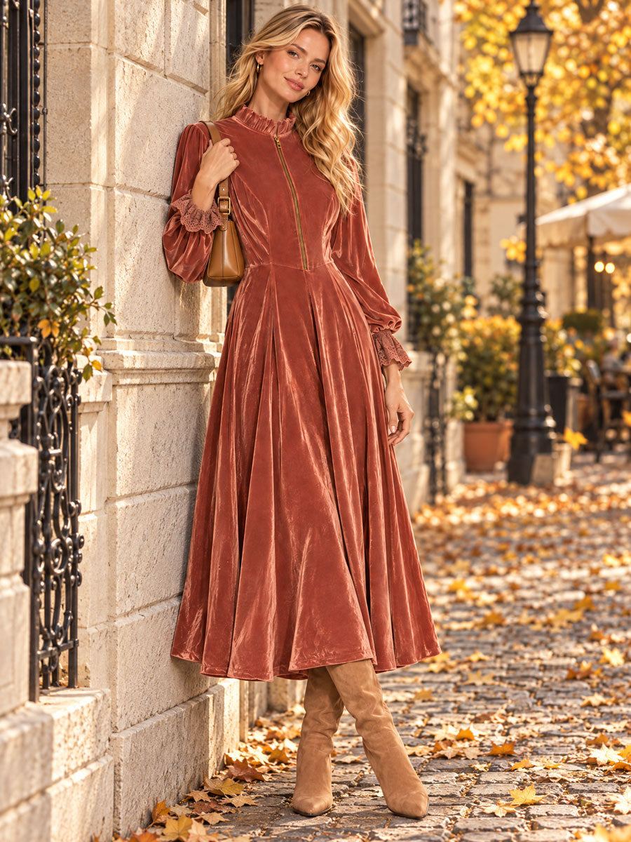 Vintage-style Elegant Rust Pink Ruffled Stand Collar Zipper Lace Cuffs Velvet Midi Dress