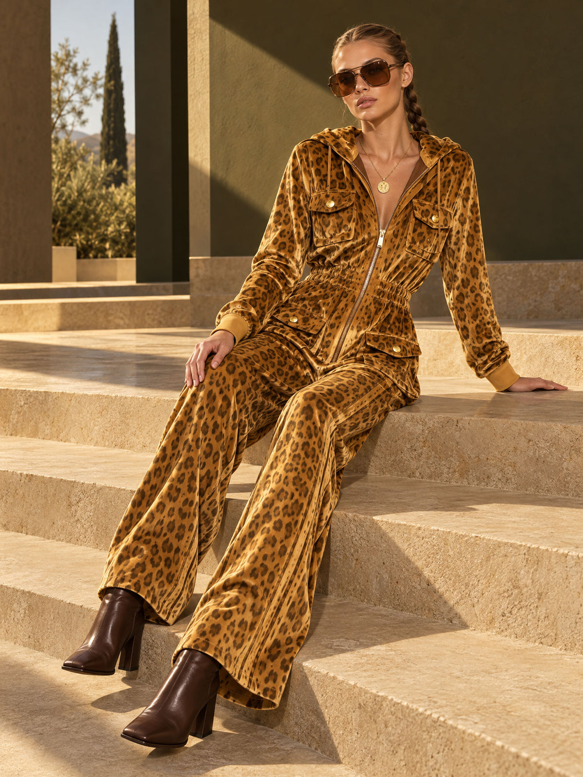 Casual Retro Zip-up Striped Leopard Print Gold Velvet Hooded Jumpsuit